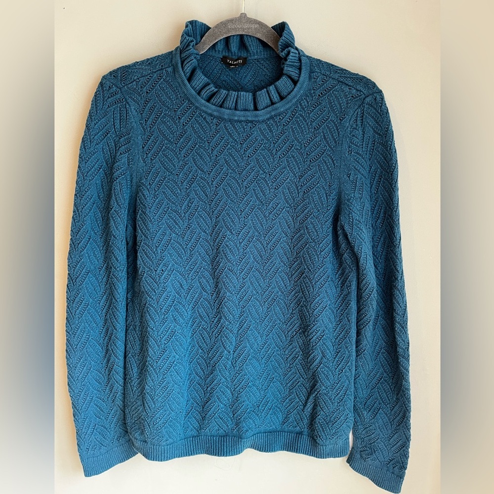 Talbots Women’s Blue Textured Ruffle Neck Knit Sweater Cotton Wool Blend Large